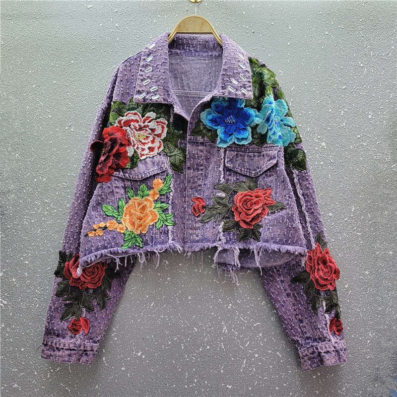 Wind 2024 Spring New Design Sense Heavy Industry Three Dimensional Flower Hairy Short Casual Cowboy Jacket Women's Trendy