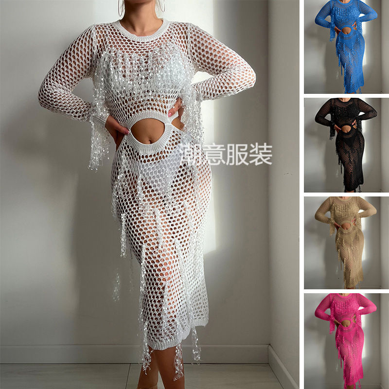 Hollow Knit Sequins, Tassel Round Neck, Exposed Waist Sleeved Vacation Dress, Swimsuit Outer Cover, Sun Protection Clothing, Long Skirt