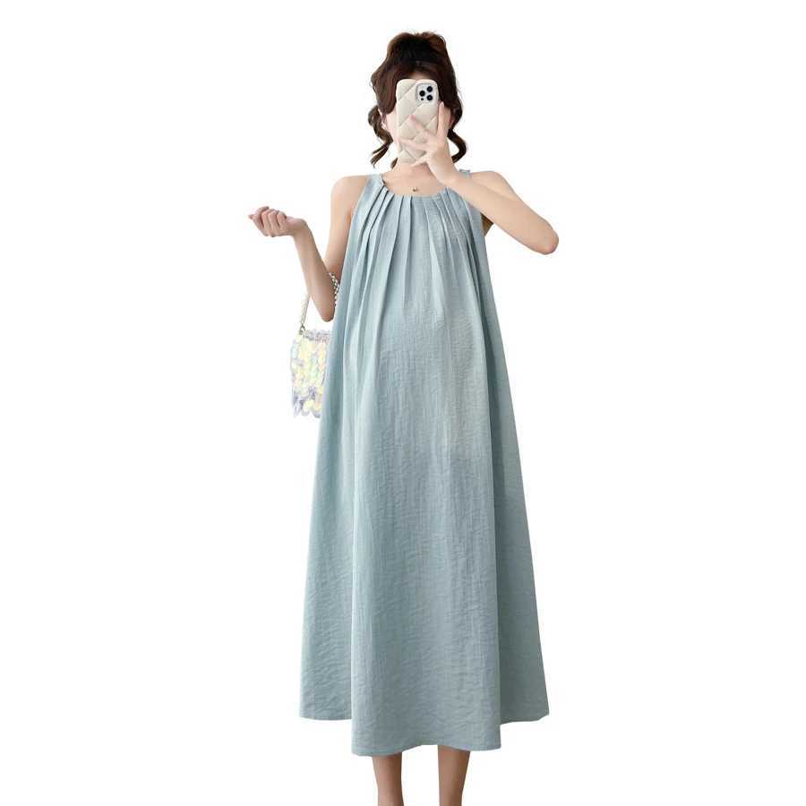 Japan and Korean Style Maternity Summer Clothes Sleeveless Pleated Sundress Solid Color Pregnancy Brief DressT250311