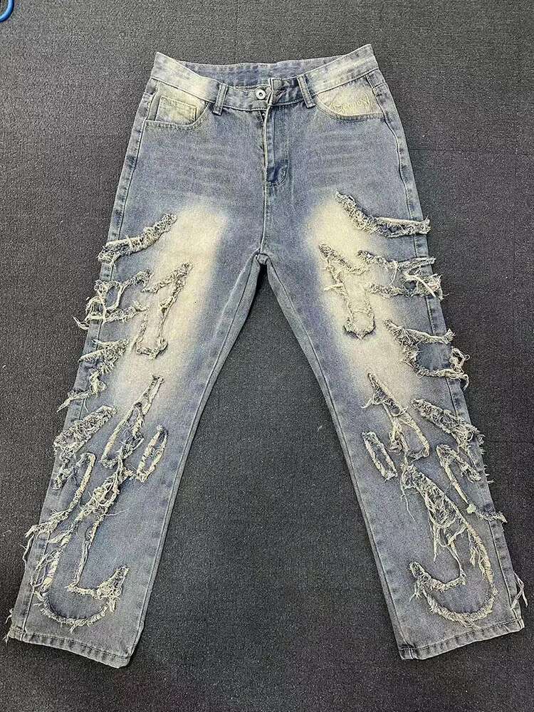 New Men s Y2k Fashion Designer Hip hop Loose Patch Denim Pants High Waisted Pants Street Retro Fringed Embroidered Black Hip hop Casual Pants 2025 New