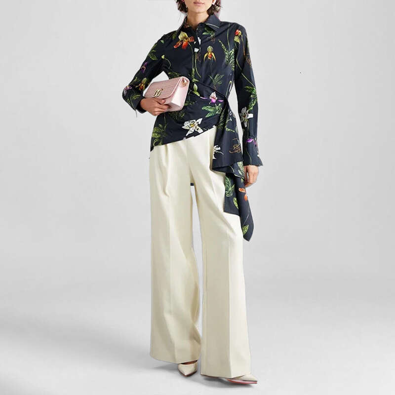 2025 Spring New Women's Fashion Printed Elegant Collar Irregular Shirt Top KLMY