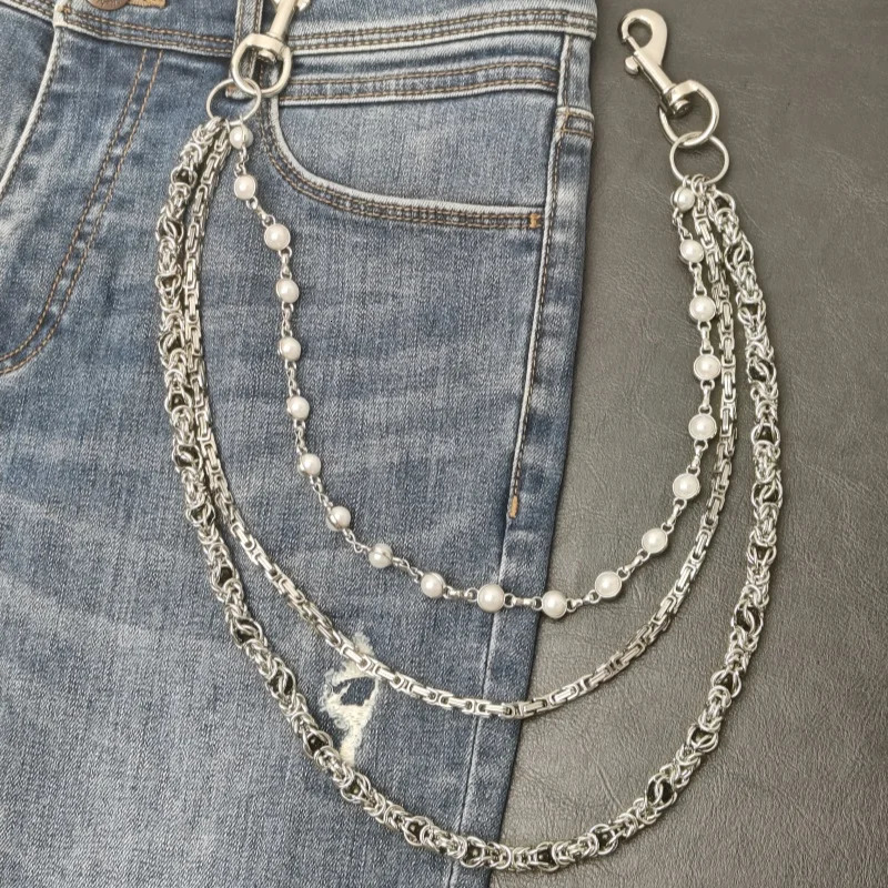 Retro sMonarch Keel Clamp Beads Pearl Pants Chain Three layers Fashion Accessories Hip Hop Punk Ones Waist Concise y2k KeyChain 250303