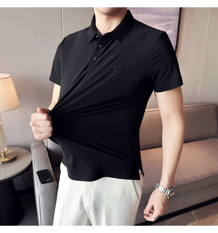 Summer seamless compression glue free short sleeved polo shirt for men, with a sense of ice silk drape, trendy and luxurious men's collar t-shirt