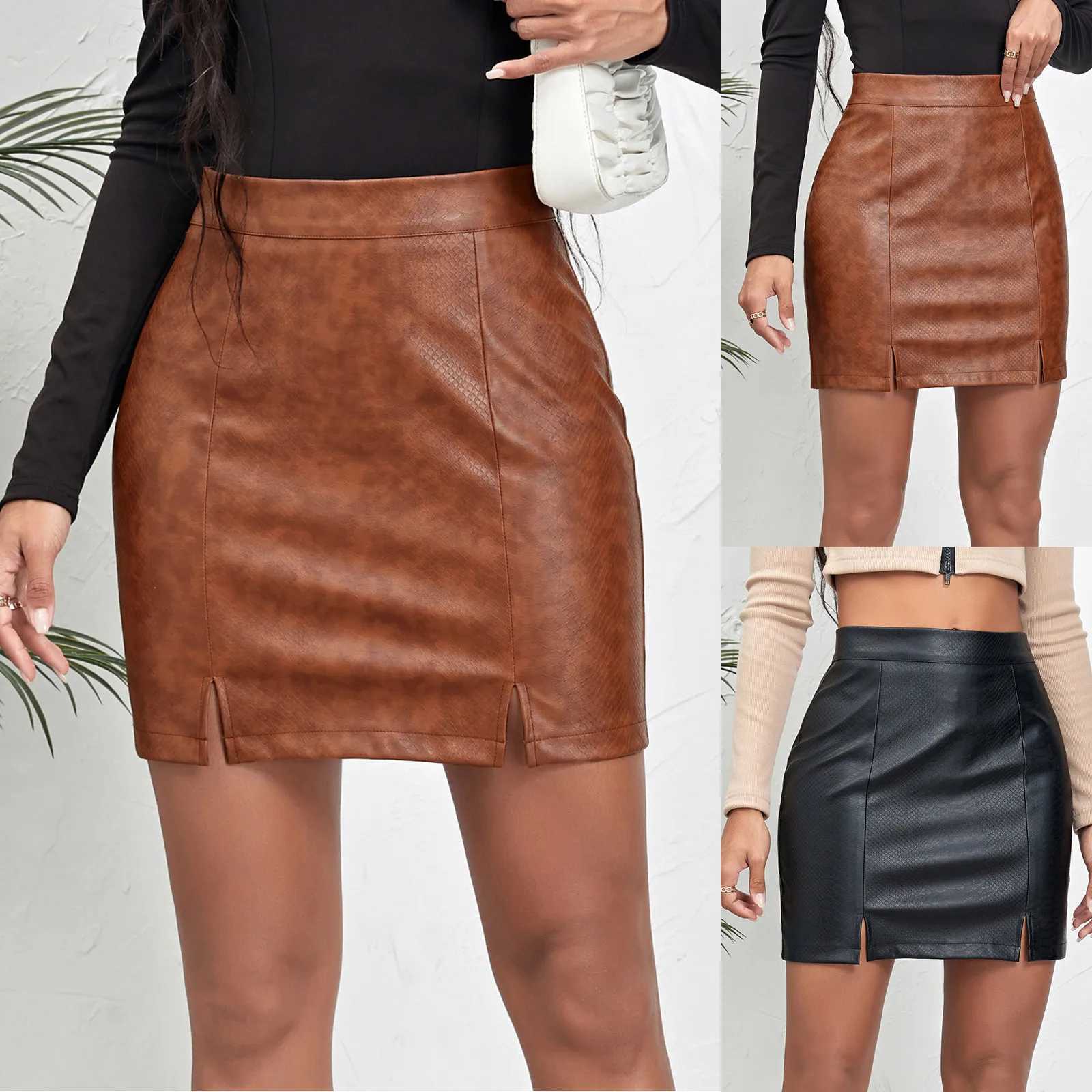 Vintage Texture PU Leather Sexy Short Skirt Spring Summer Women Hip Wrap Office Lady Mini Skirt Solid Slit Zipper Pencil SkirtT250311