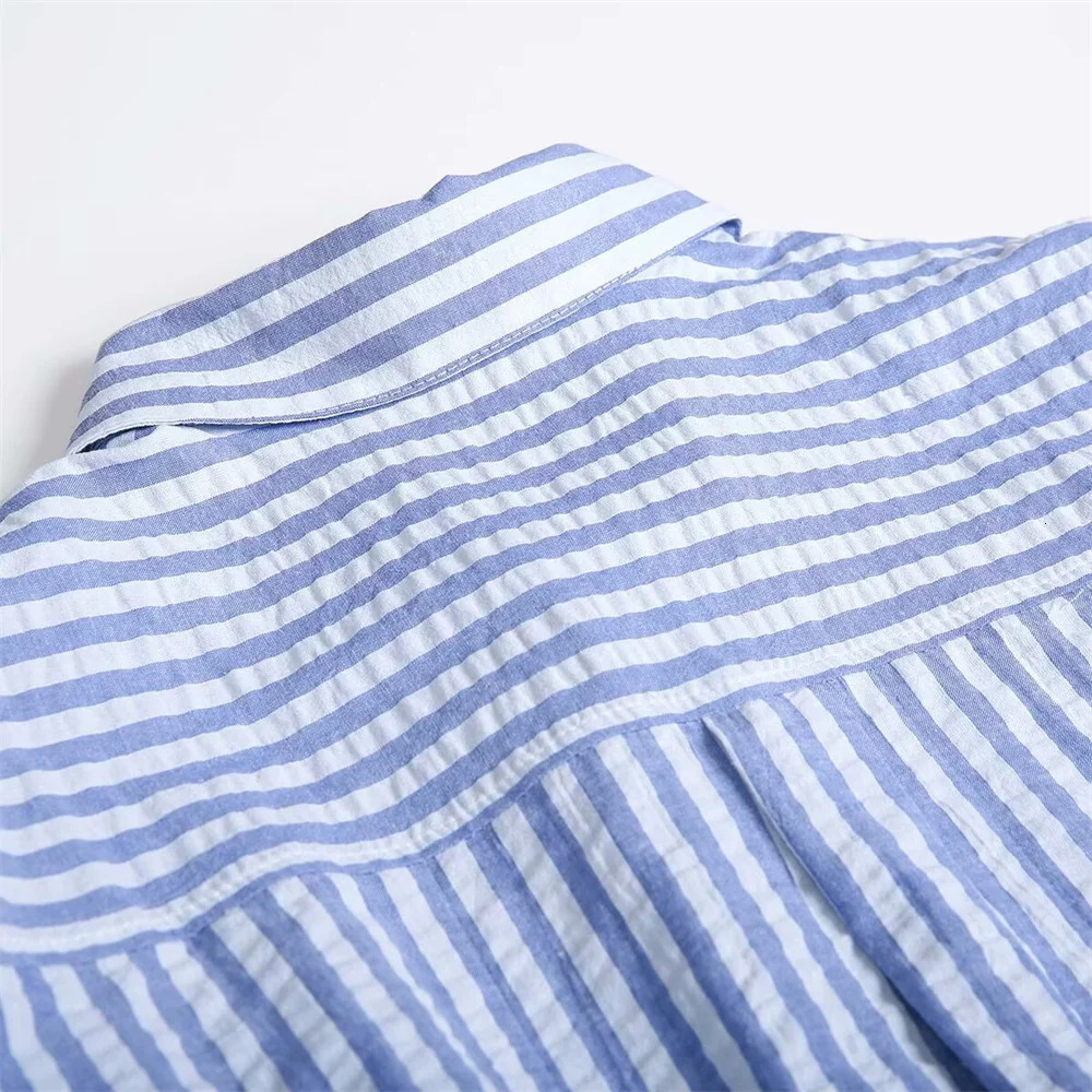 Summer Product Womens Casual Collar Curled Edge Long Sleeve Linen Blended Striped Dress Shirt 250310