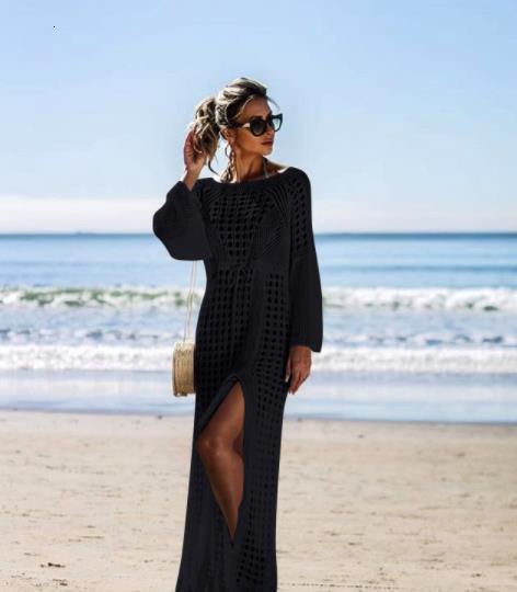 Sexy Hollowed Out Knitted Beach Sleeved Slit Vacation Long Skirt, Swimsuit, Outer Cover, Sun Protection Suit