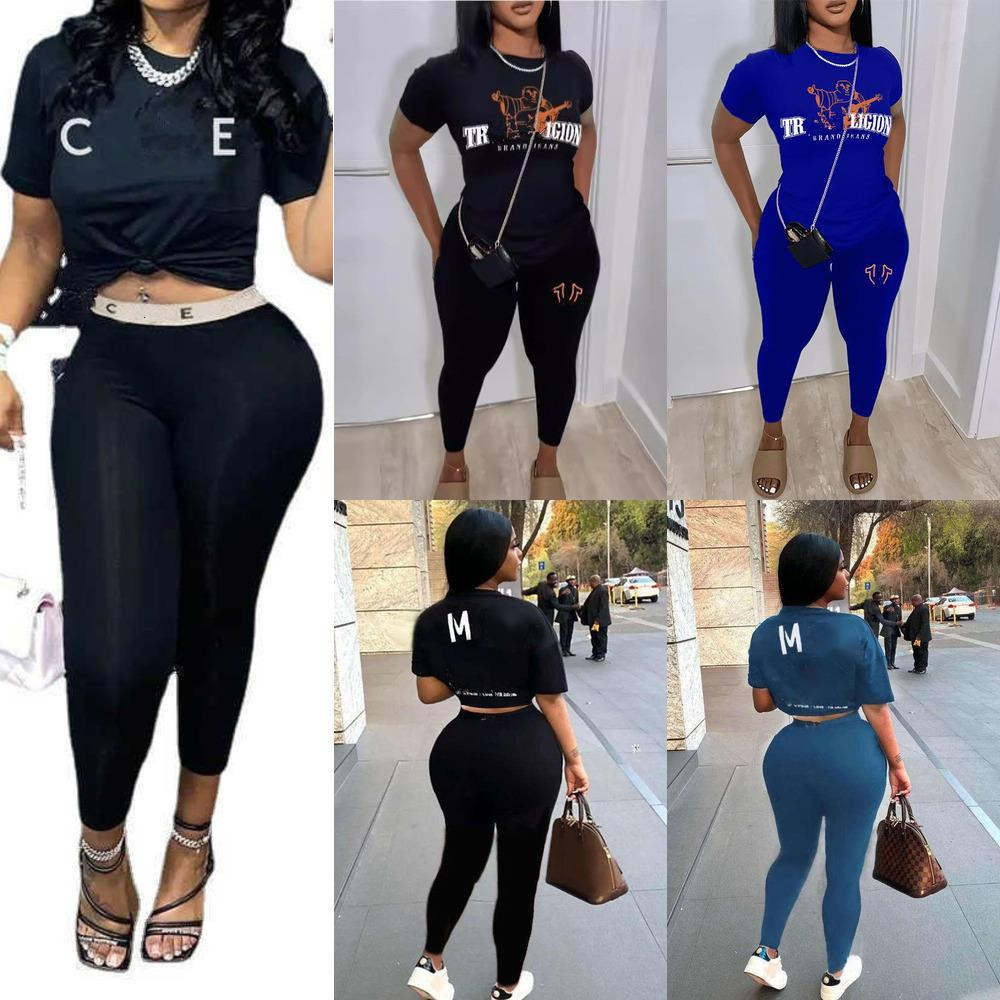 Designer Womens Tracksuits Spring And Summer Casual Outfits Two Piece Pants Set Letter Printed Short Sleeve Crop Top Plus Size Clothing
