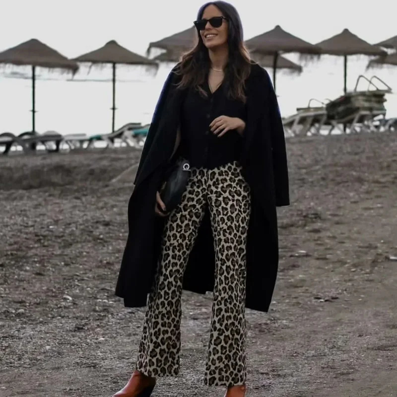 TRAF Womens Trousers Leopard Print Pants For Women Vintage High Waist Baggy Wide Woman Streetwear Straight Long 250310