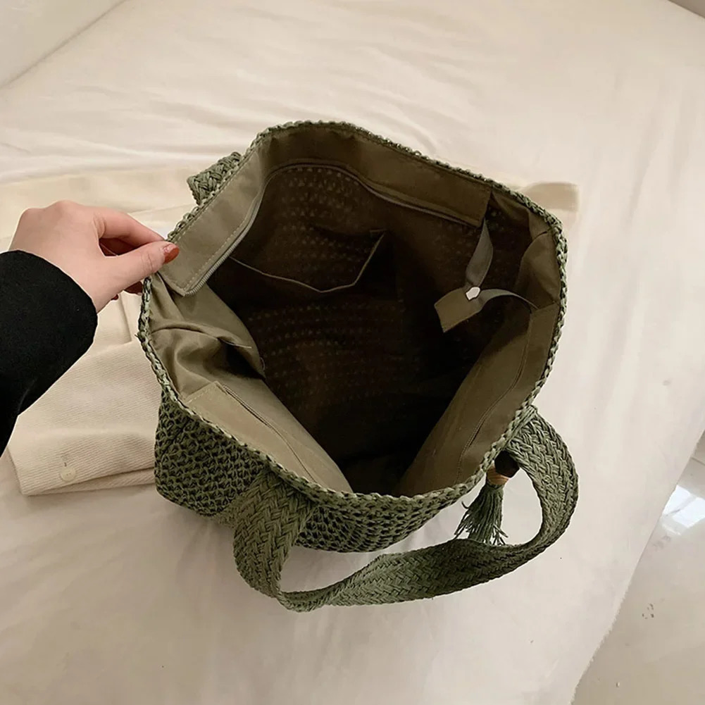Womens Summer Straw Bag Handmade Shoulder Large Capacity Handbag Pendant Top 250311