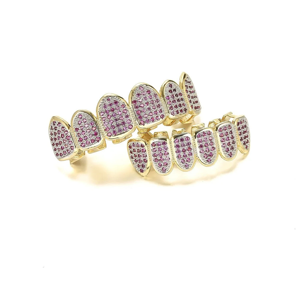 Hiphop Iced Out Rose Red 5A Zircon Teeth Grillz for Unisex Rapper Mouth Gold Silver Cubic Zirconia Tooth Grills 6/6 Top Bottom 250303