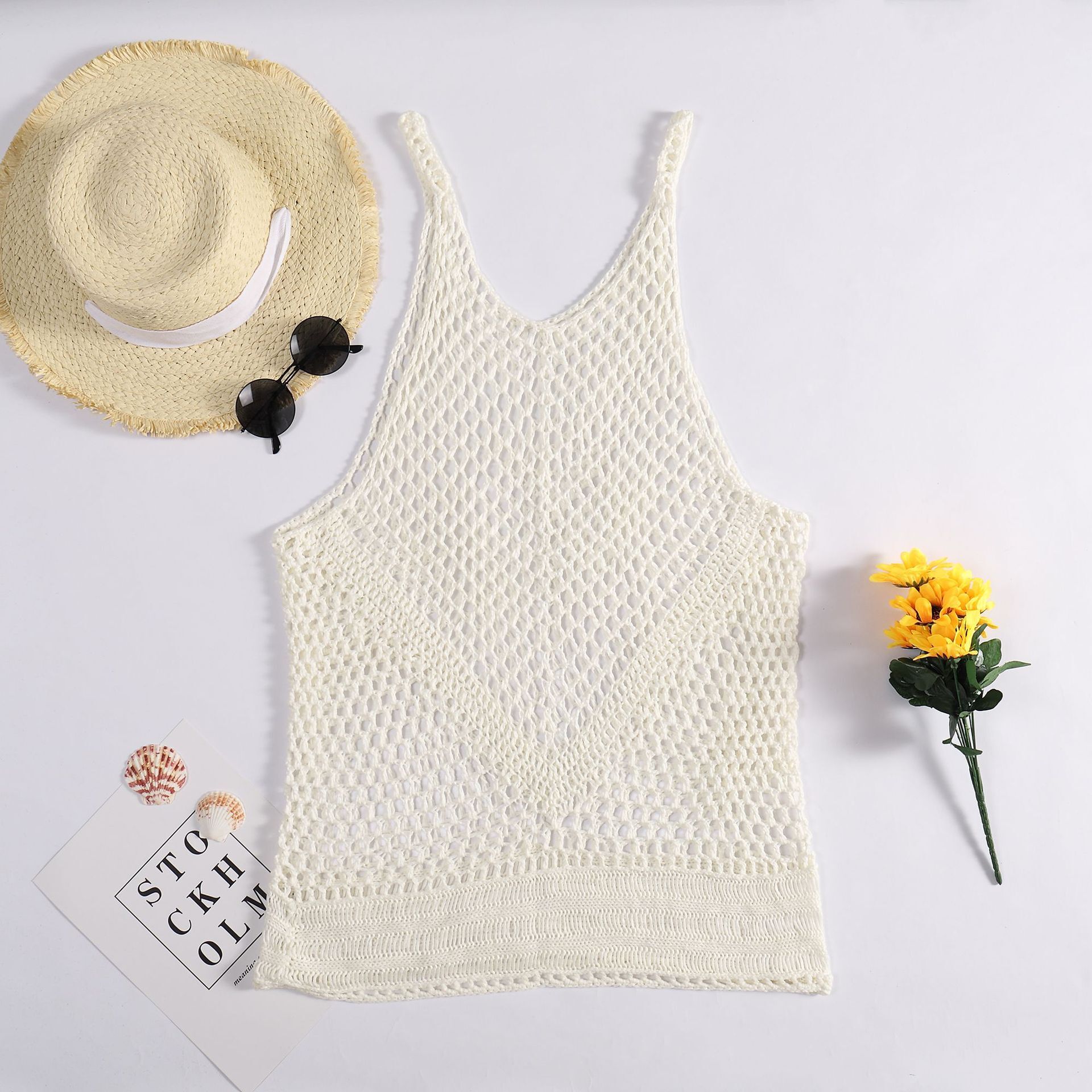 Bohemian Knitted Hook And Loop V-Neck Sexy Backless Hollowed Out Camisole Vest Bikini Top