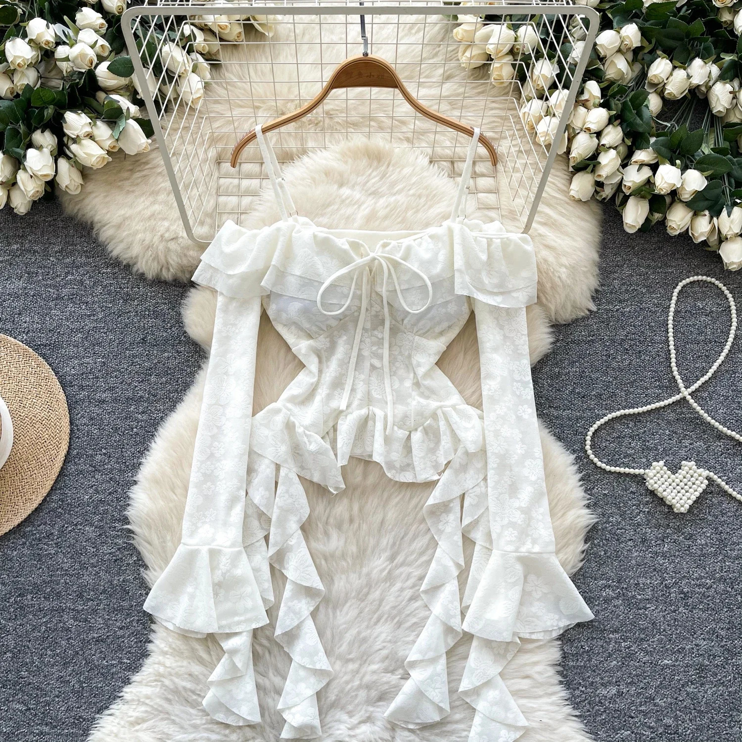 Korean Off Shoulder Sexy Blouse Female Long Flare Sleeves Ruffles Beach Shirt Summer Irregular Floral sweet Top 250311
