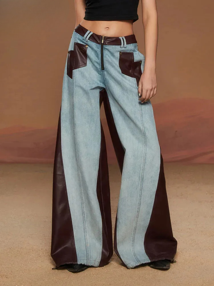 Fashion Women Washed Patchwork Contrasting Leather Jeans High Waist Straight Wide Leg Denim Pants Spring New