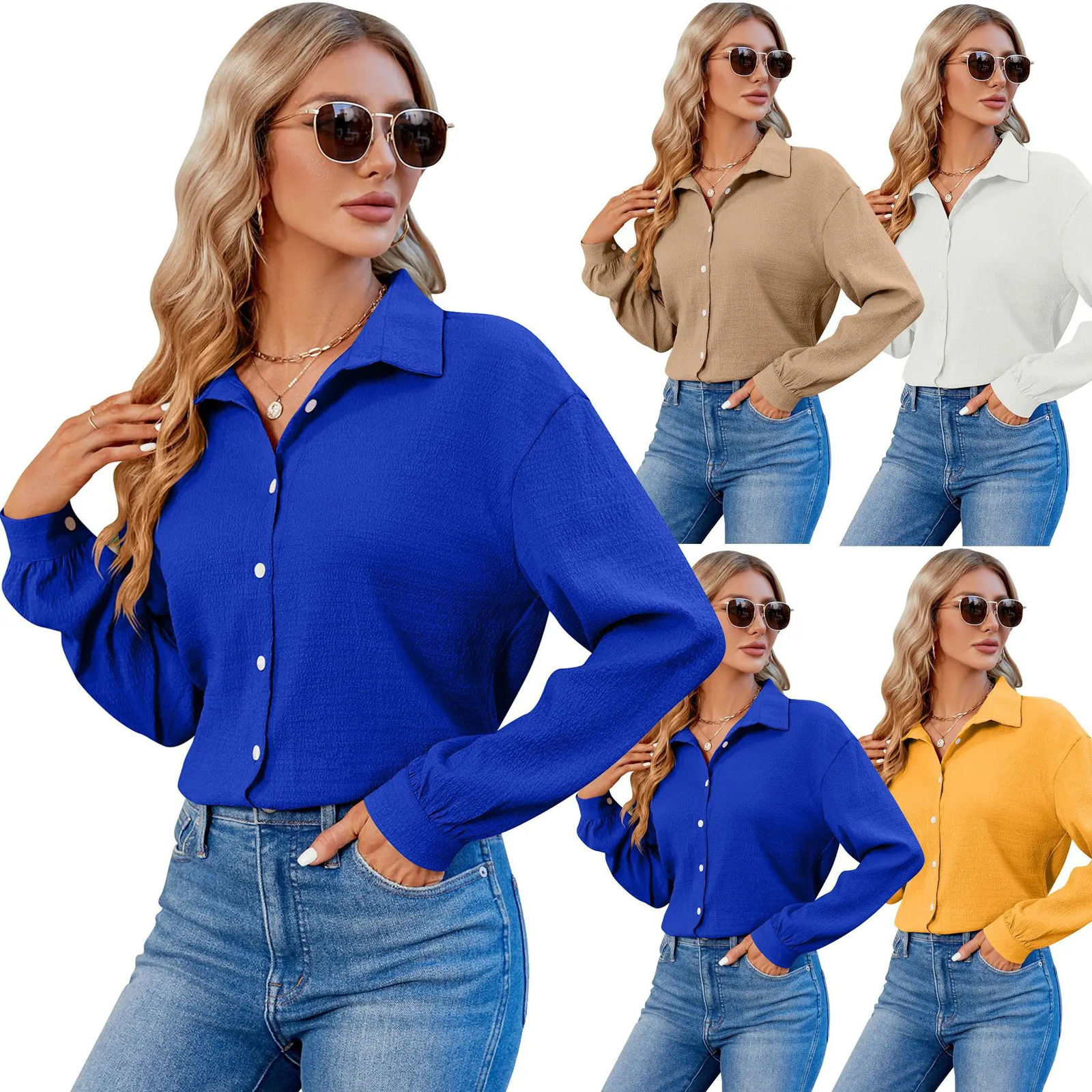 YJKDYK Spring Autumn Womens Blouses Top With Sleeves Female Solid Color Bubble Wrinkled Commute Loose Shirt 250311