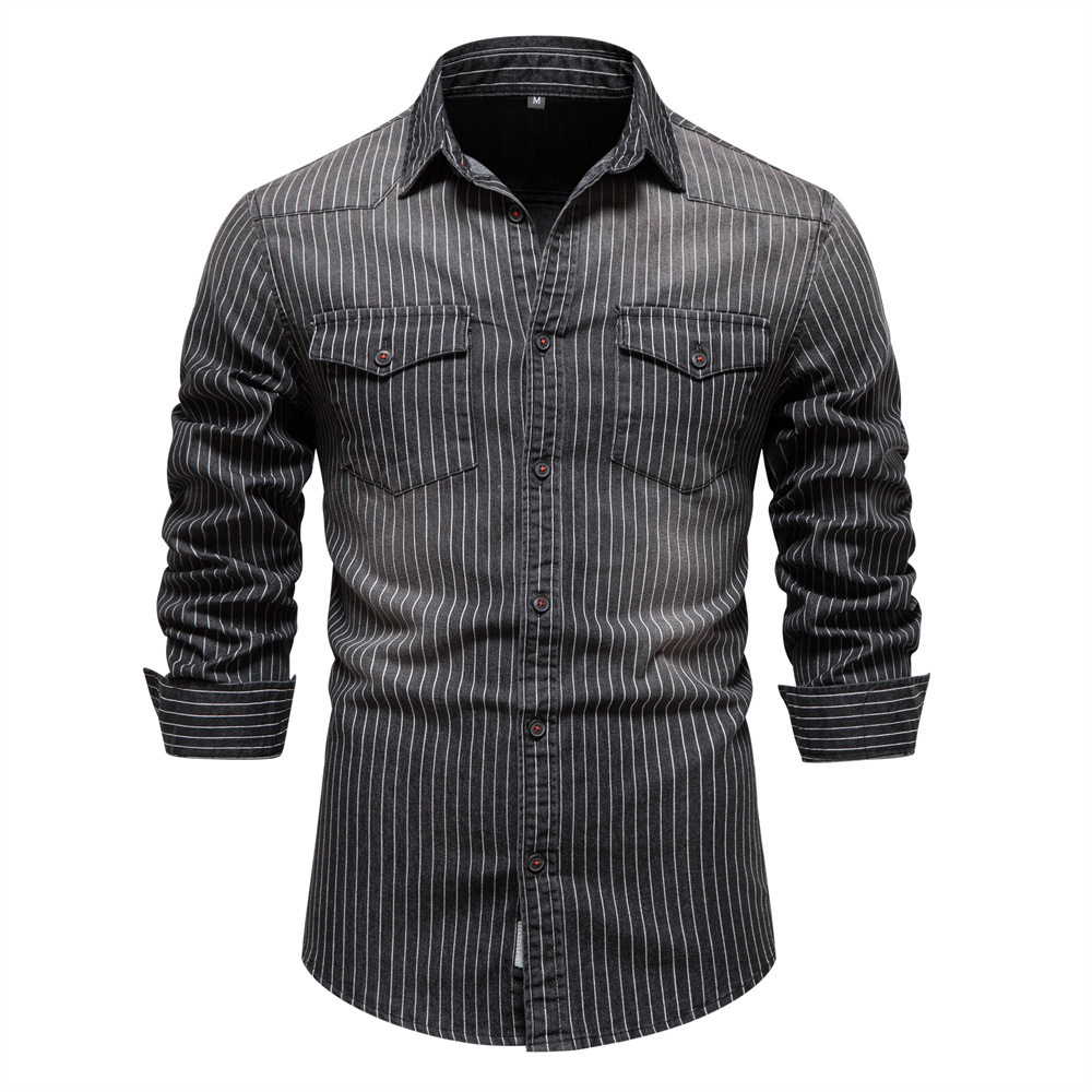 fashion High-Quality Heavy-Duty Washed And Worn Striped For Men, Men's Long Sleeved Denim Shirt