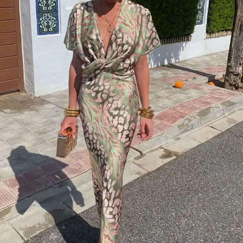 2025 Women's Fashion Tight Printed Twisted Mid Waist Sexy V-Neck Spring Dress KLMY
