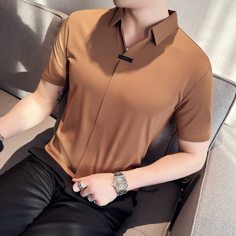 tracksuit Ice silk seamless pressed rubber short sleeved polo shirt for business and leisure, no ironing, V-neck, high-end feeling, men's summer 