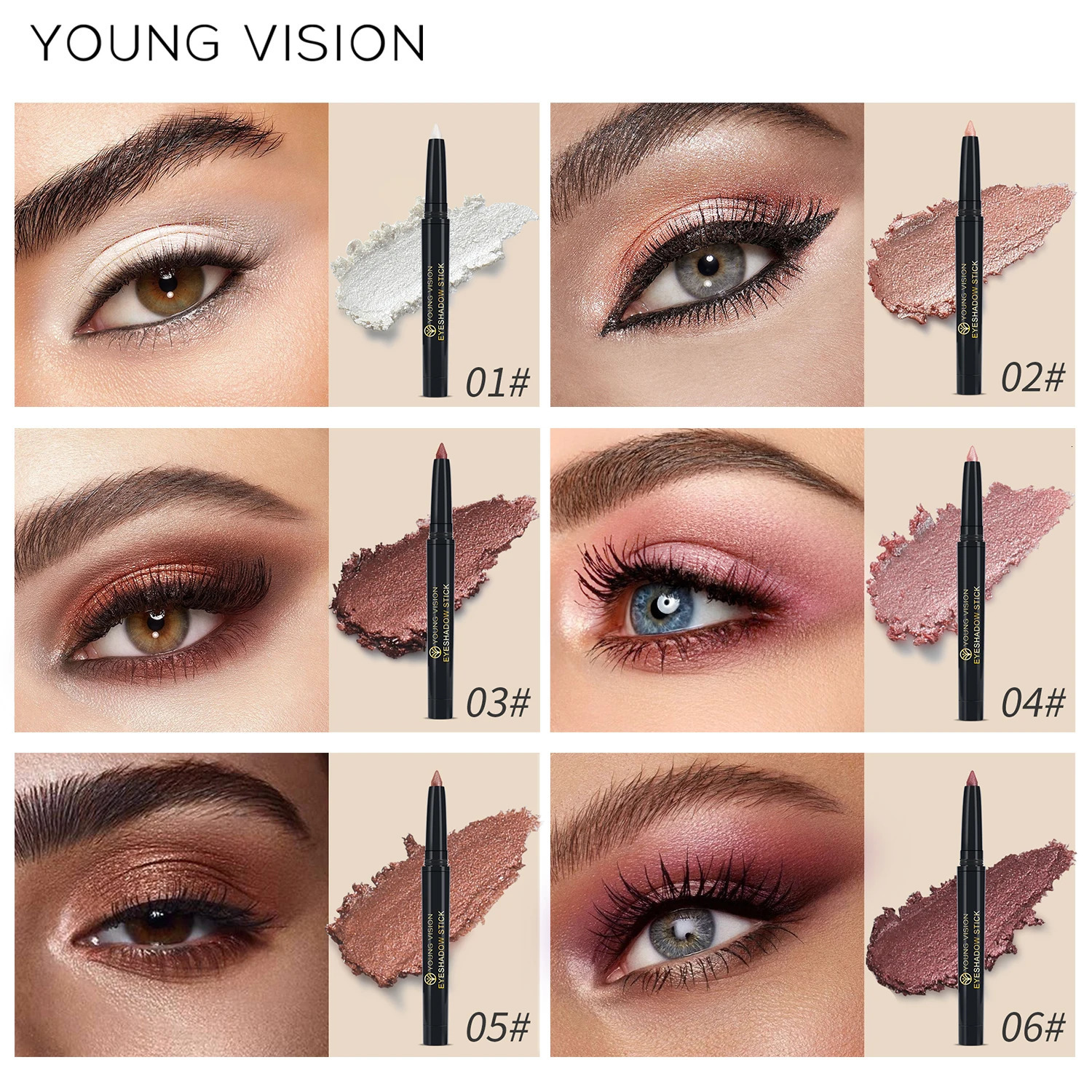 YOUNG VISION 6colorspack Pearlescent color rotating eyeshadow stick waterproof cultivation silkworm eye makeup pencil 240310