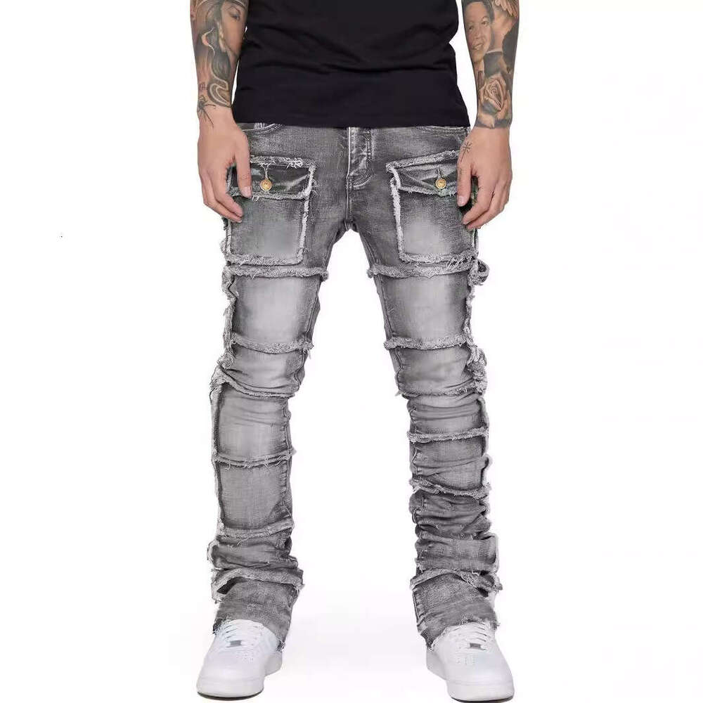 Men's workwear straight leg popular in European and American Instagram, elastic patch denim layered micro flared men's pants, 2025 new casua