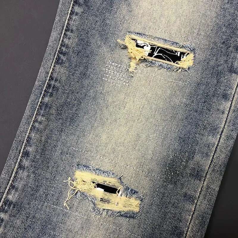 2025 Spring summer Casual Pants Slim Fit Denim Men's Pants With Patch Holes And Printed Denim Fashion Designer Men s Jeans Outdoor Sports Pants