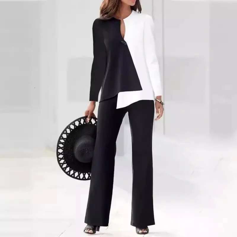 2 Pieces Suit Casual Colorblock Long Sleeve Top And Wide Leg Pants Set Spring Fashion V Neck 3D Print Women's Clothing