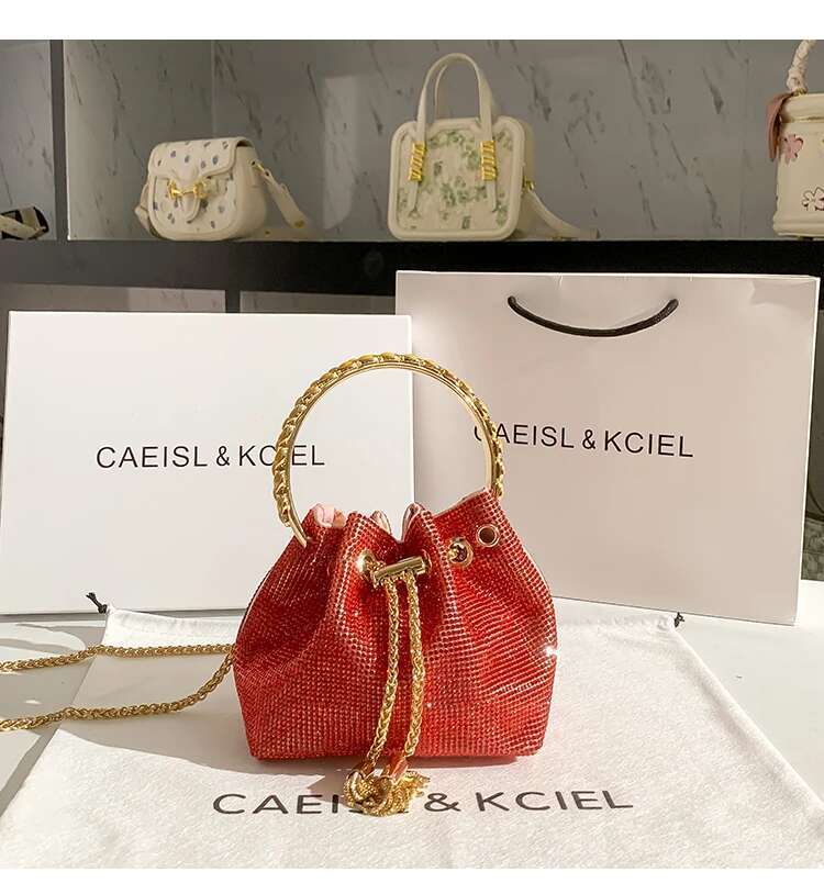 Metal Ring Handle Bucket Women Handbag Glitter Shiny Rhies Evening Wedding Party Clutch Purse Messenger Bag