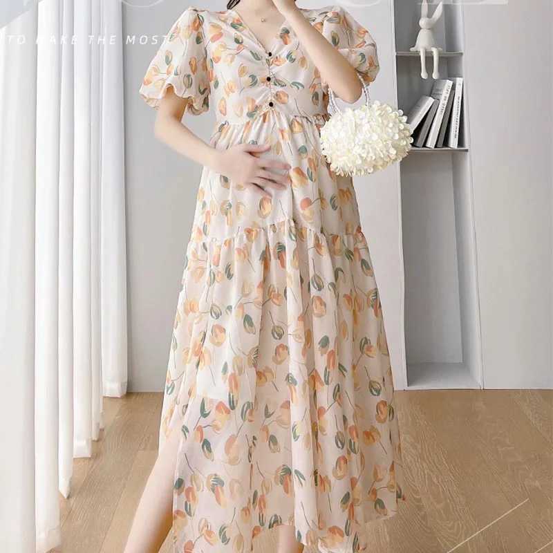 Maternity Dress Summer Printed Sweet Bubble Short Sleeves High Waist A Line Clothes for Pregnant Women Pregnancy DressessT250311