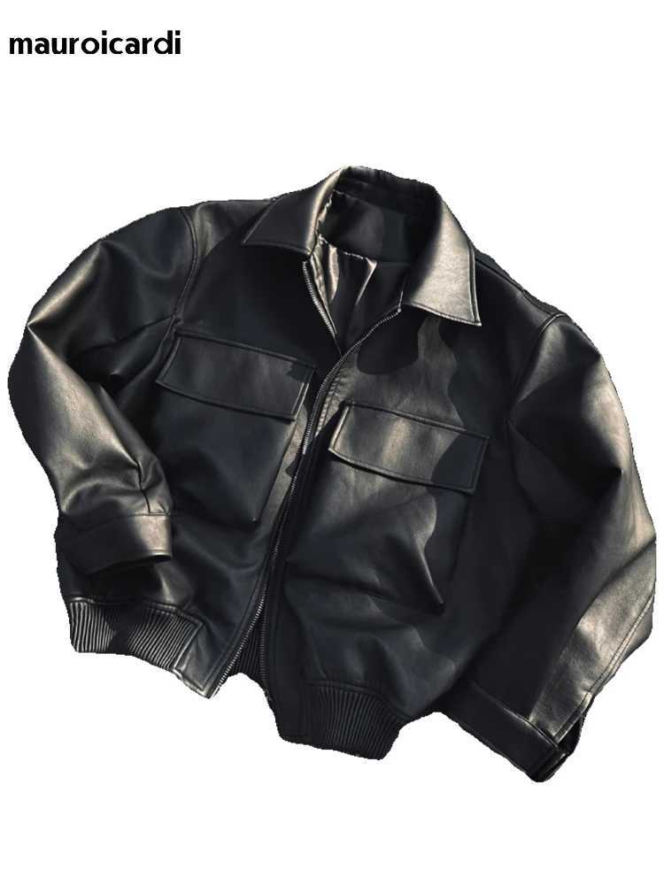 Mauroicardi Spring Cool Handsome Oversized Short Matte Black Pu Leather jacket Men Zipper Pockets Loose Luxury Designer ClothesT250311