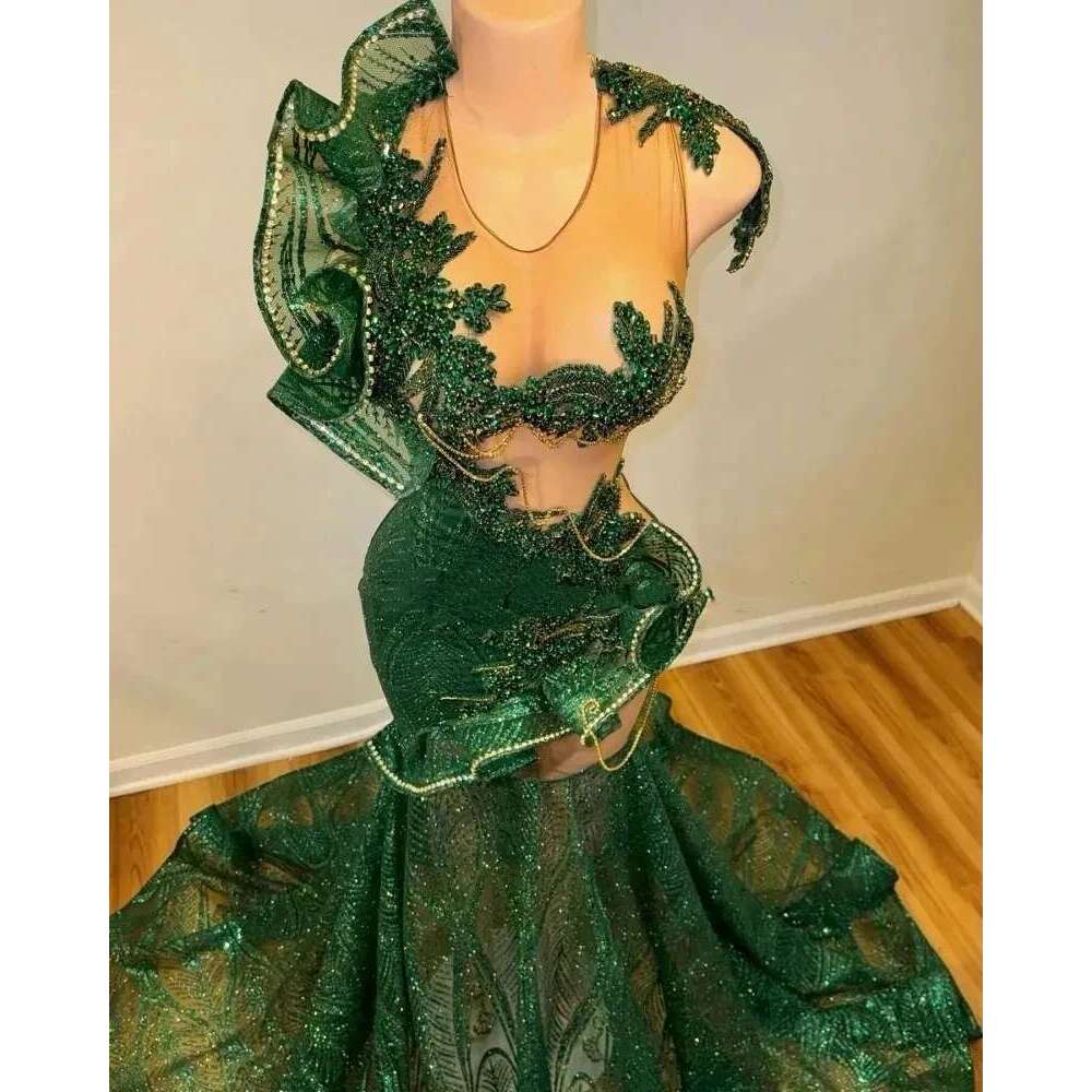 Green Sparkly Long Prom Dress For Black Girls Mermaid Sheer Lace Crystals Birthday Party Dresses Women Evening Gown Customized al0311