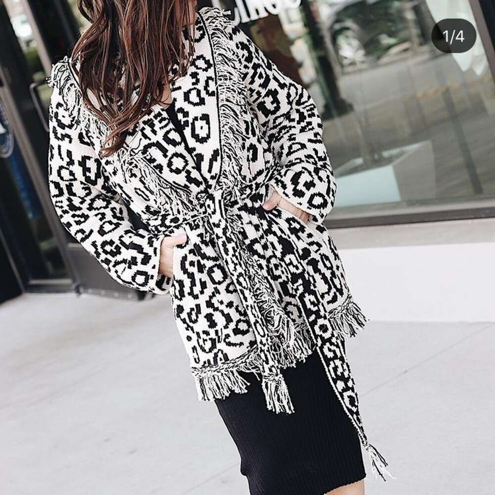 Autumn And Winter Leopard Print Jacquard Cardigan Sweater Wool Blend Loose Tassel Lace Up Knitted Jacket For Women