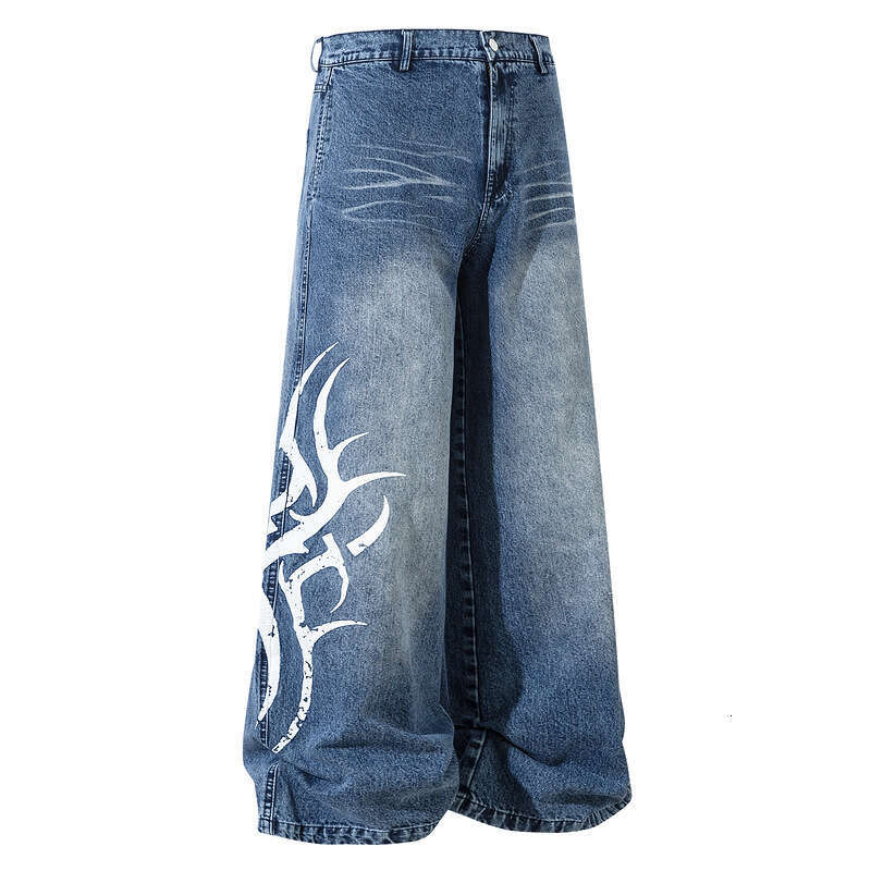 Men's American Mid Rise Wide Jeans With Totem Print Design, Loose Floor Pants, Straight Leg Pants