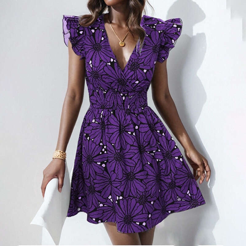 2025 Spring New Women's V-Neck Waist Collection Sexy Ruffle Printed French Dress KLMY