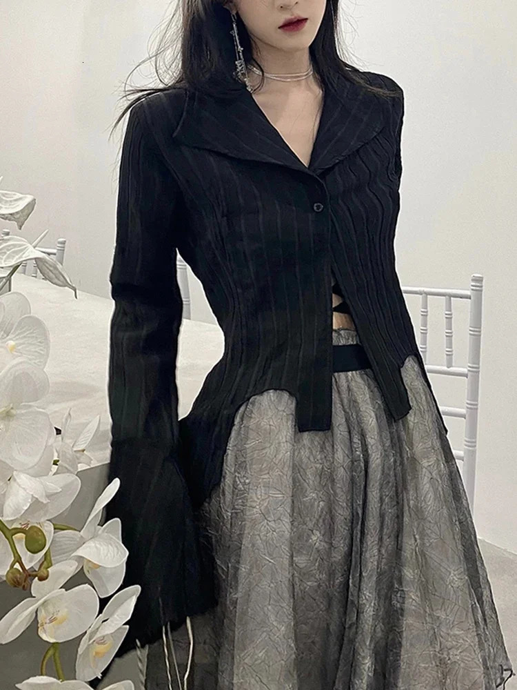 Black Harajuku womens retro streetwear Y2K shirt sexy Gothic long sleeved irregular fashion ultrathin spring top 250311
