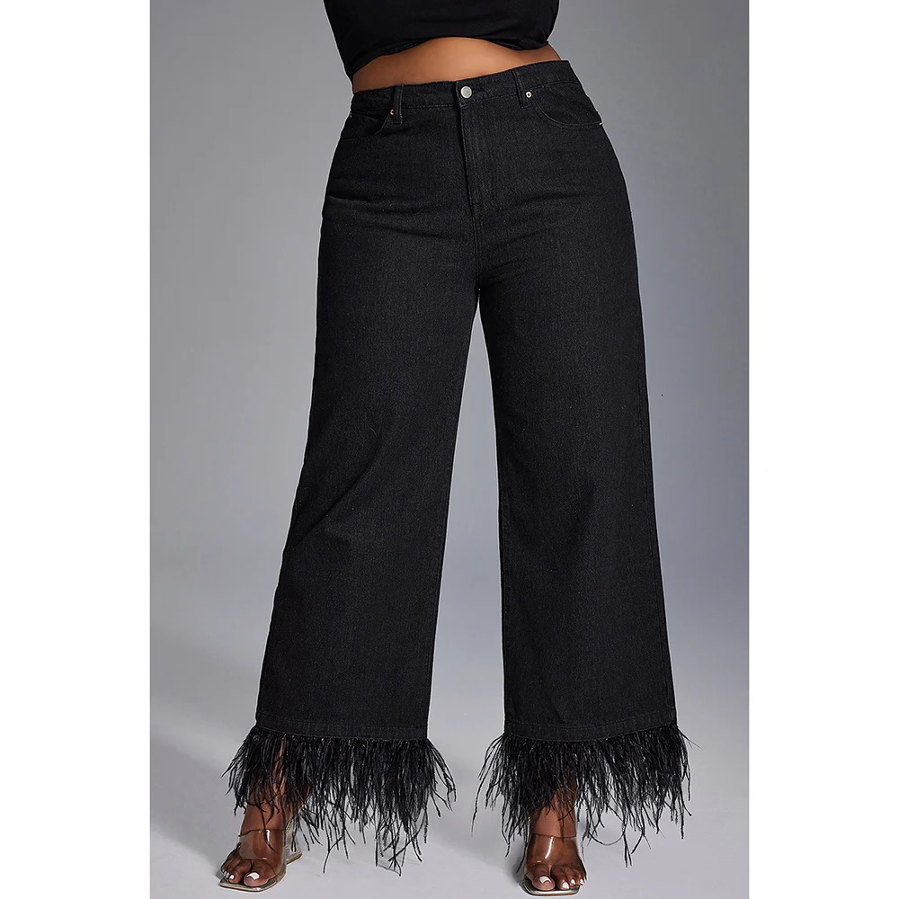 Plus Size Womens Jeans Daily Jean Black Casual High Waist Straight Feather Button Fashion 250311