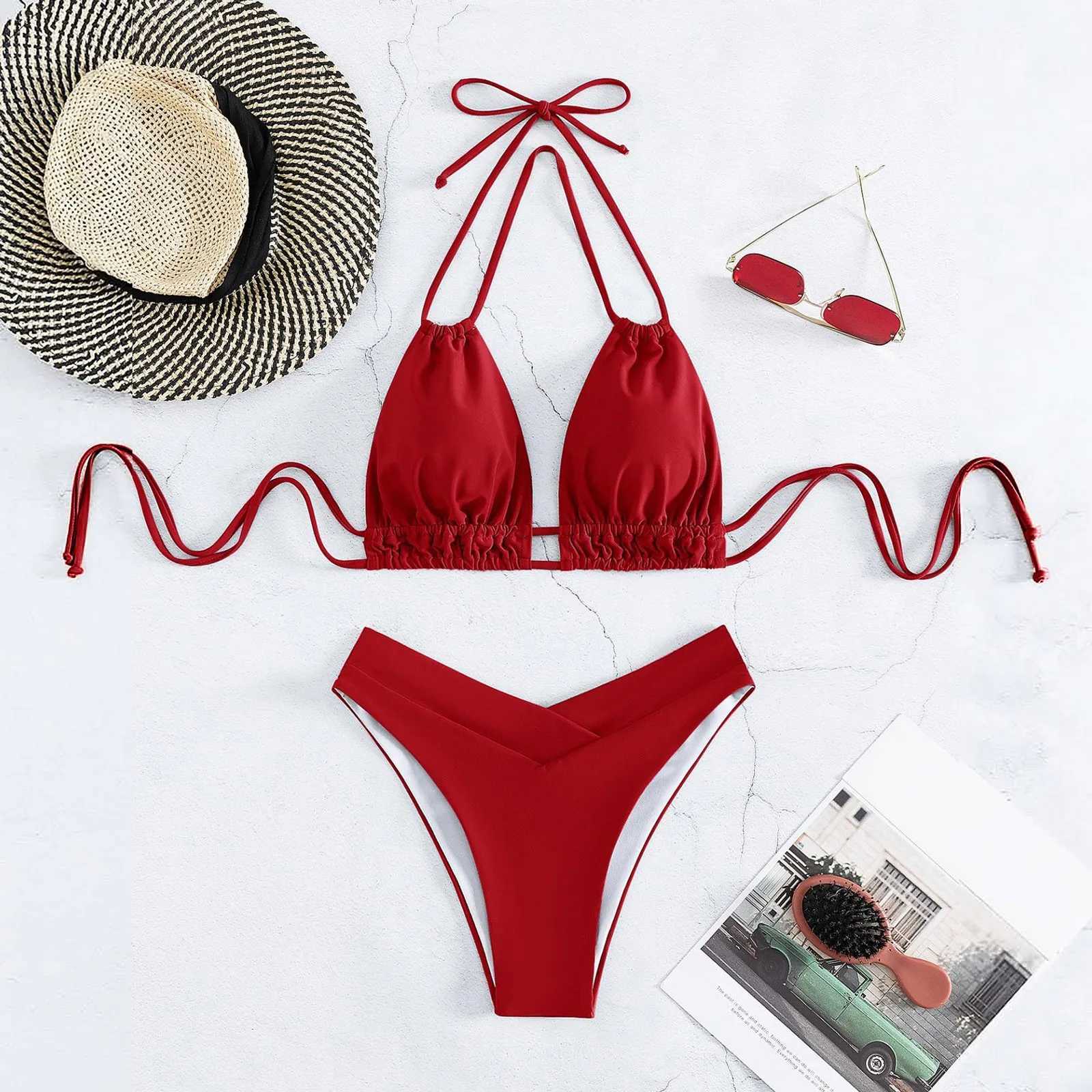 Bathing Suit Tank Bikinis Sets Swimwear 2023 Women Mid Waist Deep V Neck Wide Straps Bikini Summer Beach Wear Swimming swimsuit T250602