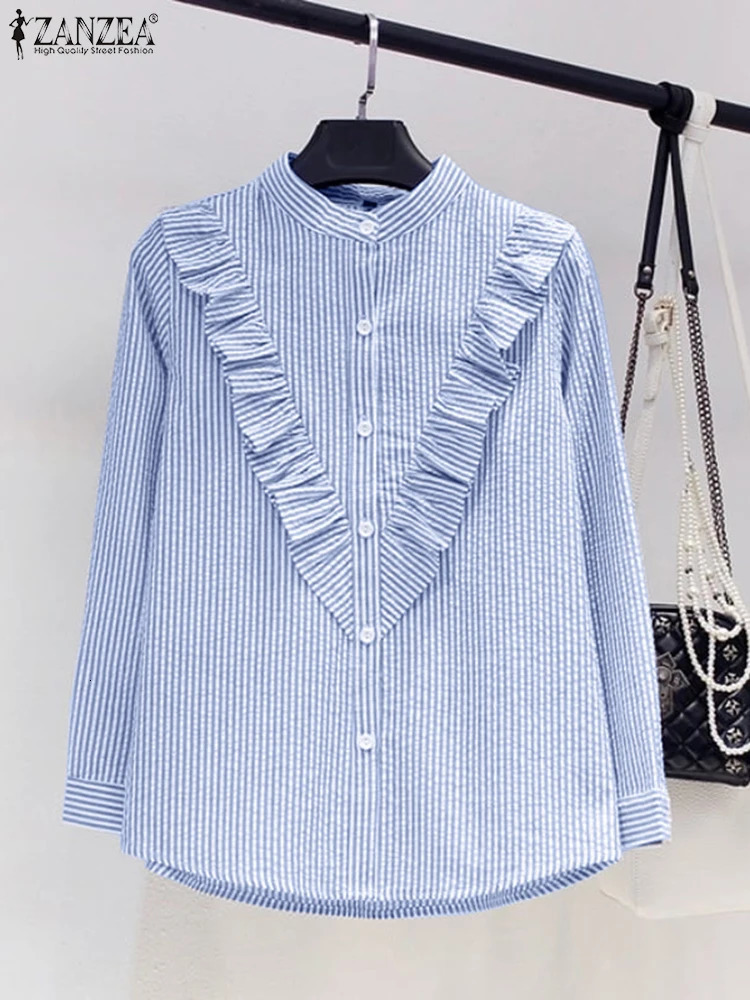ZANZEA Women Stand Neck Long Sleeve Work Shirt Spring Striped Blouse Elegant Ruffles Tops Tunic Fashion Buttons Down Blouses 250311