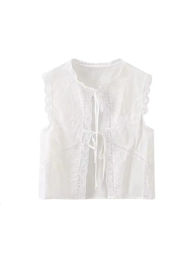 TRZAWomens Lace y Blouses O Neck Sleeveless Front Tied Female Shirts Chic Tops Fashion 250311