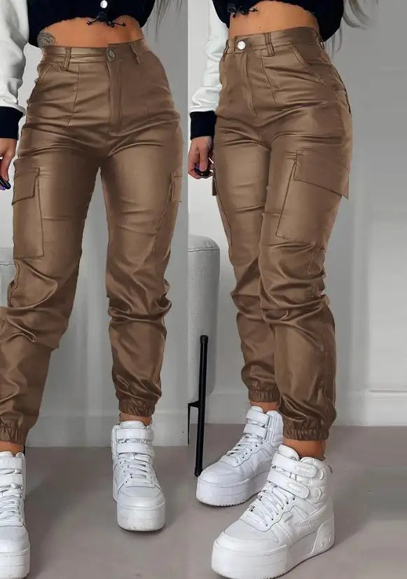 Womens Cargo Pants 2023 Fashion Street Trends Pocket n Cuffed Y2k Tight PU Leather Trousers Autumn High Waist Pant Female 250305
