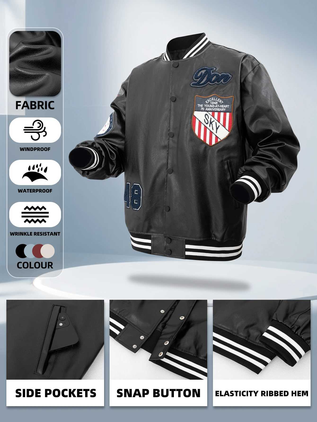 Mens Faux Leather Varsity Jackets With Embroidered Patches Motorcycle Black Windbreaker Bomber Jacket Men for Fall winterT250311