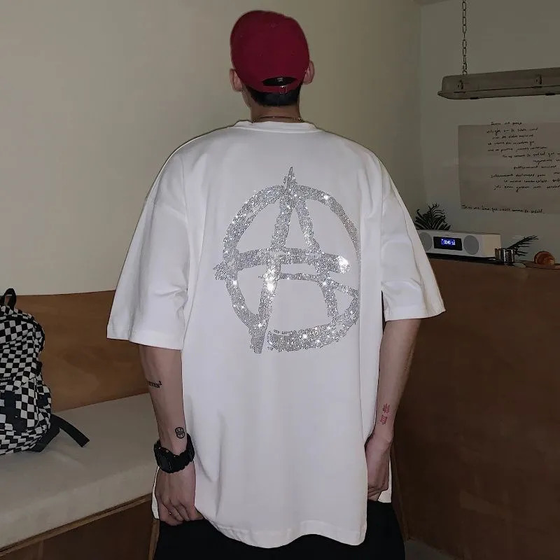 High Street Y2k Rhinestones Graphic Tops Summer Short sleeved Mens T-shirt Womens Loose Fashion Casual T-shirt 250310