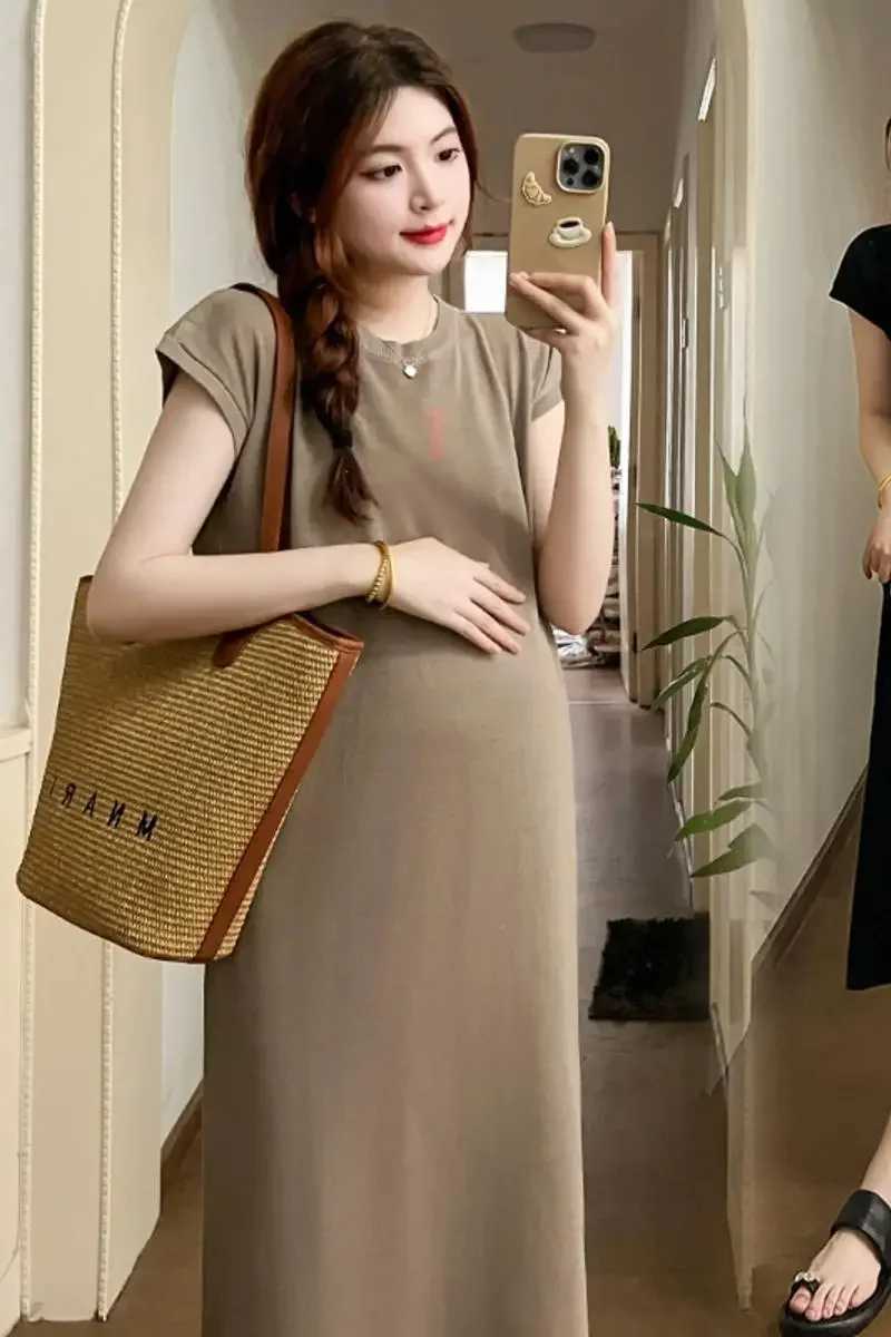 Summer Maternity Dresses Solid Short Sleeve Bodycorn Maxi Dress Pregnant Women Baby Shower Gowns Premama Clothing PregnancyT250311