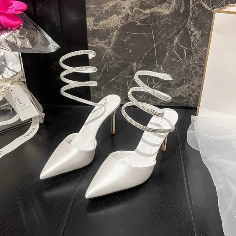 Roman Sexy Pointy Thin Heel Back Empty Single Shoe Rhinestone Snake Wrapped High Heels Wedding Shoes 250310