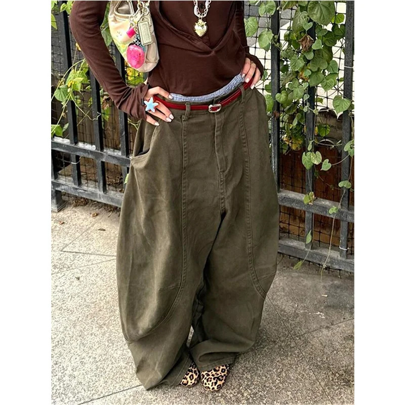 Green jeans womens retro high waisted straight Trouser loose Y2K 90 American streetwear wide leg classic 250311