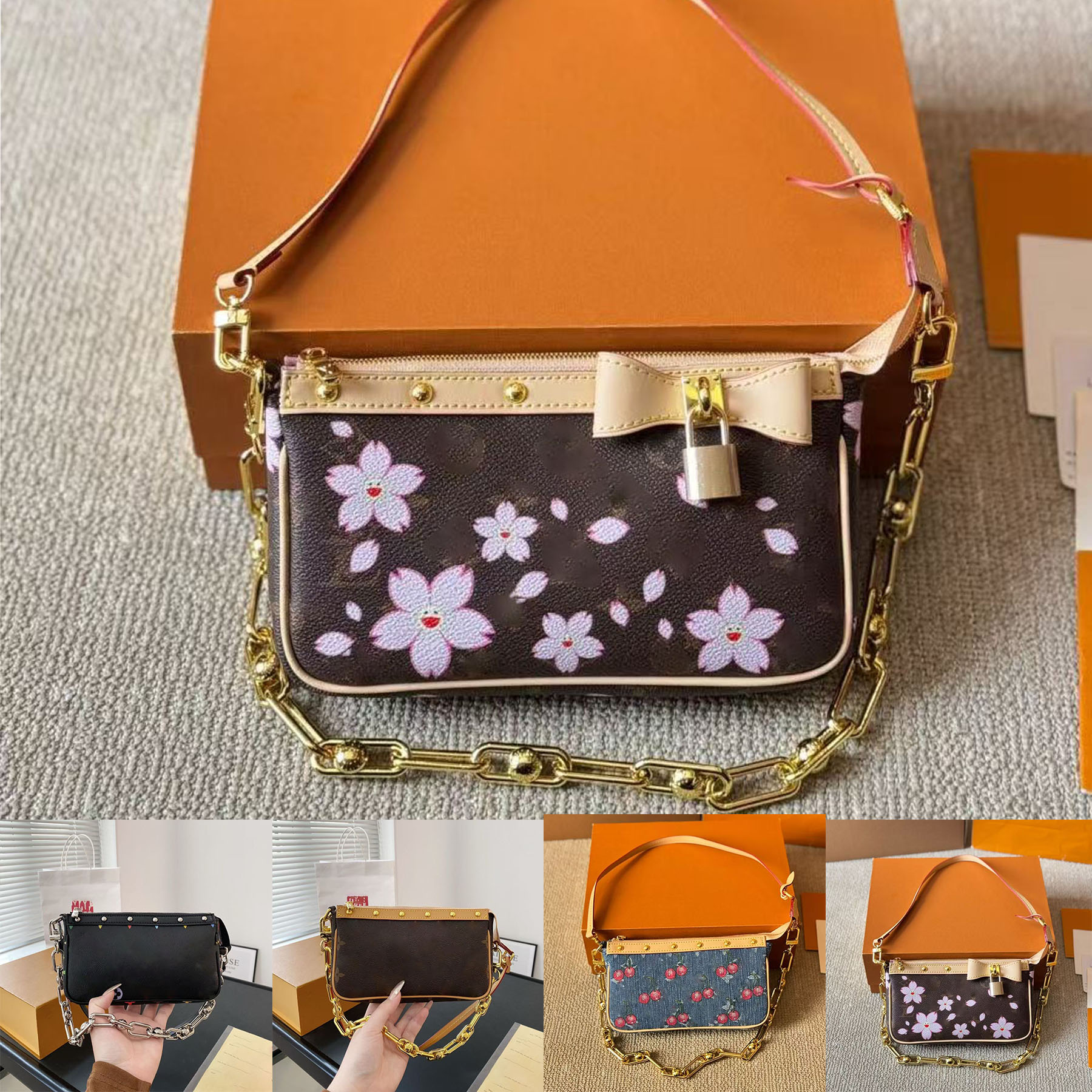 cherry blossoms Pochettes chain bag Murakami Takashi women handbag tote Shoulder underarm cherry bags Clutch wallet Hobo purses ladies Satchels handbags totes