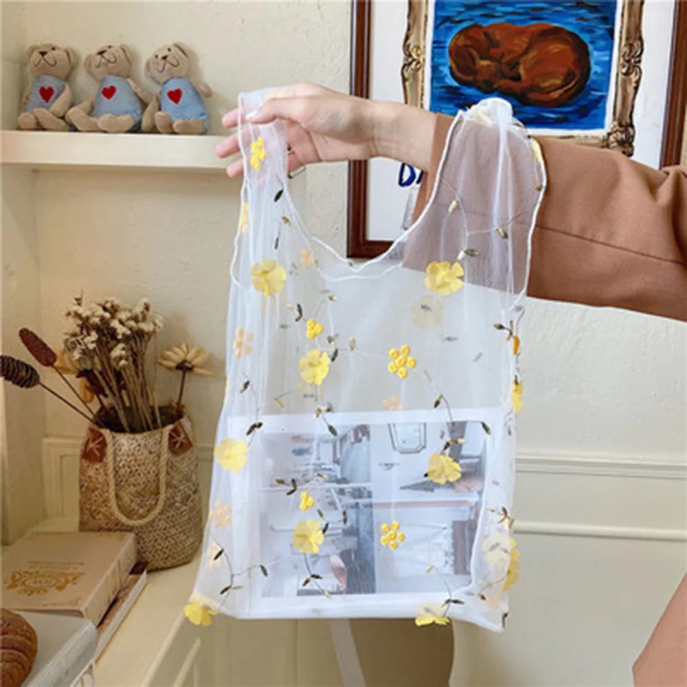 Female Flower Embroidery Hand Bag Organza Casual Tote Mesh Shopping Bags Woman Handbags 2024 New Summer Beach Bag R250311