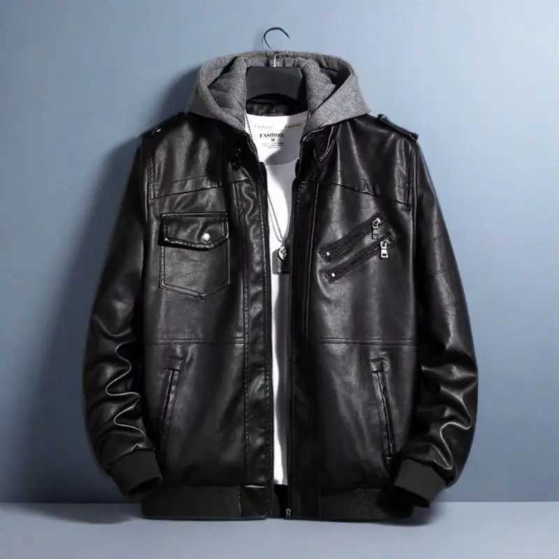 New Removable Cap Leather Jacket Mens Autumn and Winter PU Leather Jacket Coat in The Youth Mens Biker Wind Mens Leather CoatT250311