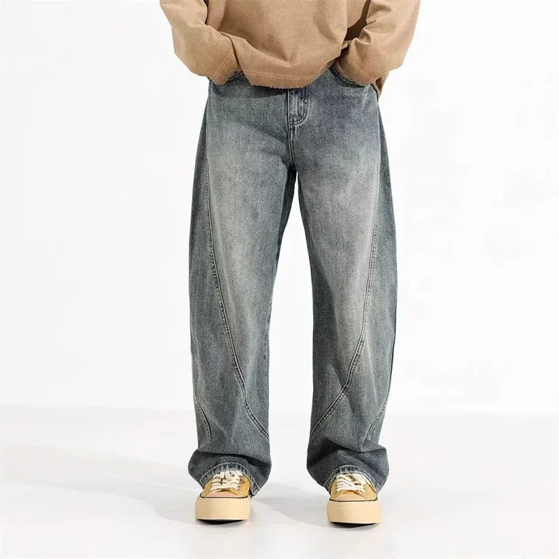 Mens Y2K Vintage Straight WideLeg Jean Casual 3D Splicing Baggy Denim Pants Hip Hop Fashion Streetwear mens jeans 250311