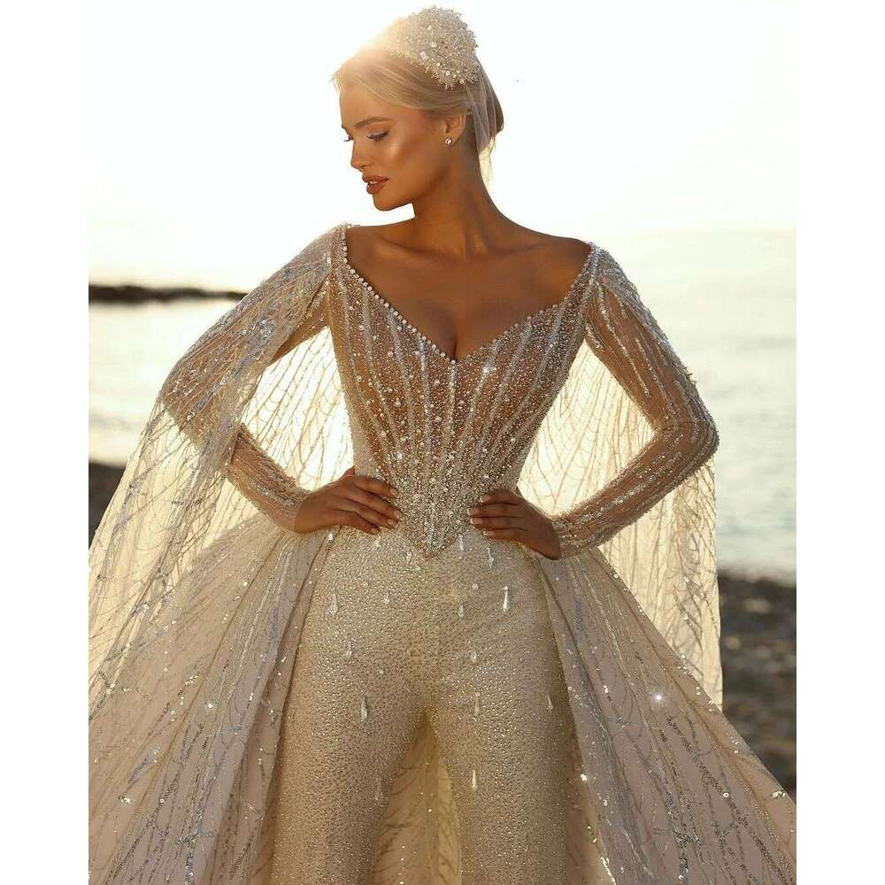 Beaded Wedding Dresses with Detachable Train, Long Sleeves, Lace Crystal Dress, Custom Made, Stunning and Bridal