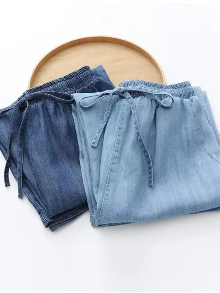 Soft Denim Womens Pants Solid Elastic Waist Loose Wide Leg Pants Simple Fashion Slim Straight Calf-Length Pants Summer 250306