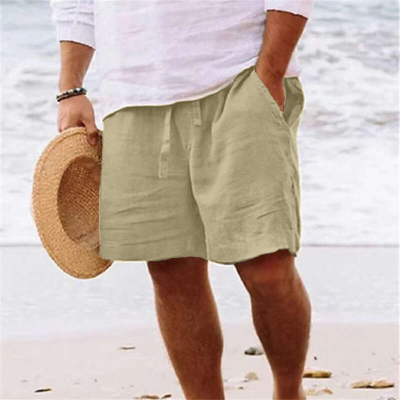 Men's shorts cotton en summer drawstr elastic waist straight leg solid color comfortable breathable short daily beach 2025 new casual versatile f